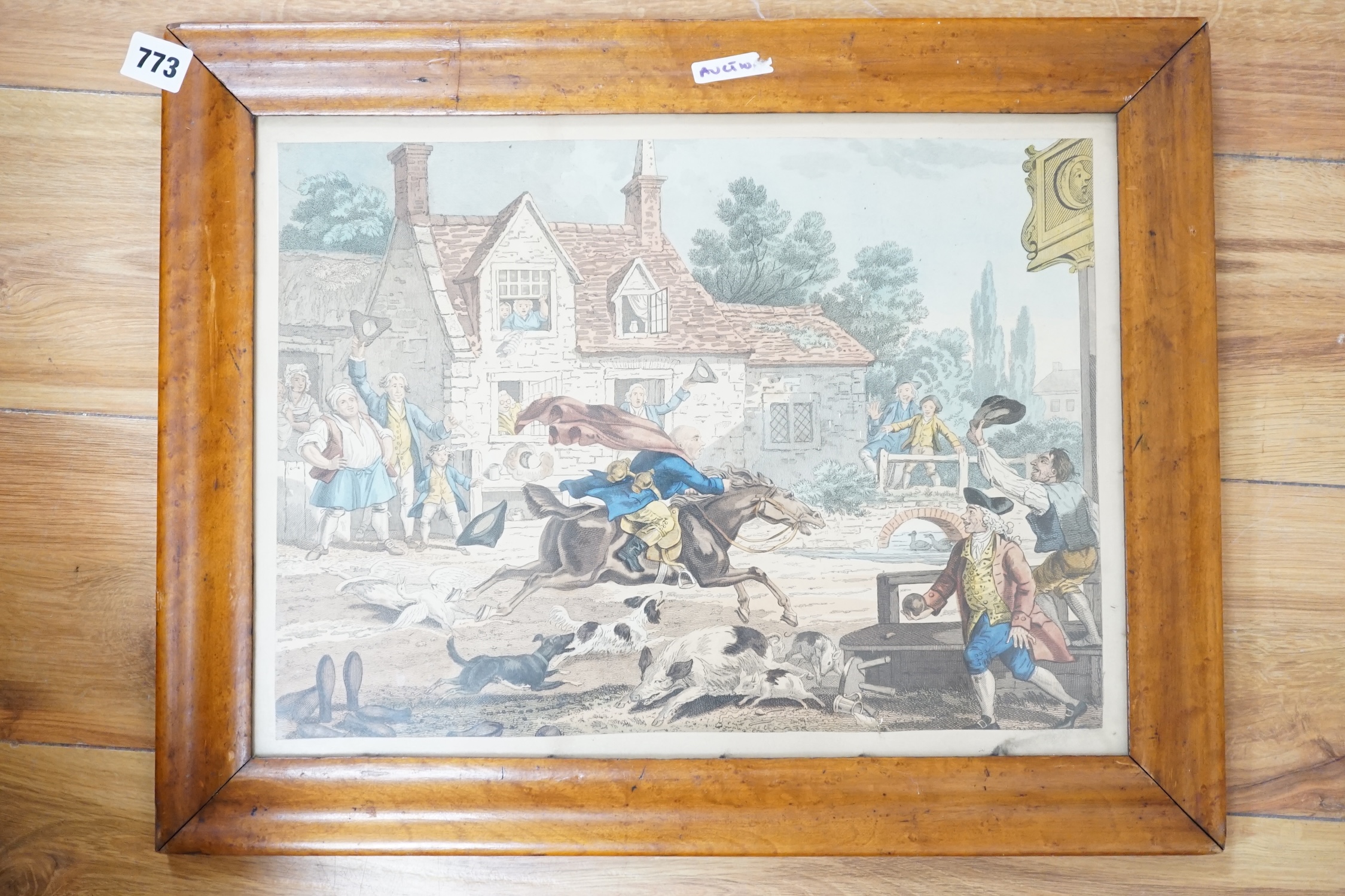 18th century English School, coloured engraving, 'Gilpins Ride', 28 x 38cm, maple framed. Condition - poor to fair